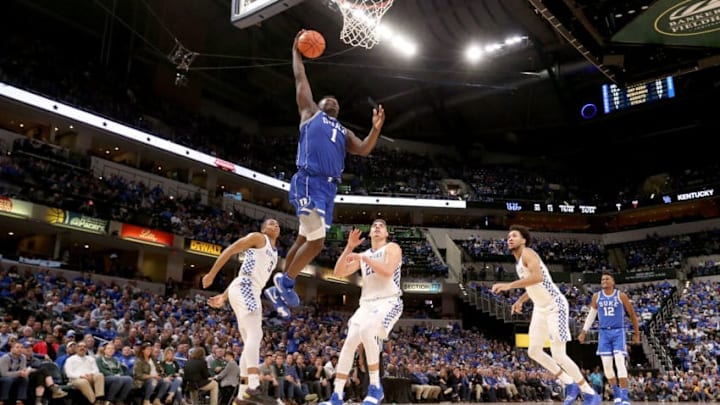 INDIANAPOLIS, IN - NOVEMBER 06: Zion Williamson #1 of the Duke Blue Devils goes up to dunk the ball against the kentucky Wildcats during the State Farm Champions Classic at Bankers Life Fieldhouse on November 6, 2018 in Indianapolis, Indiana. (Photo by Andy Lyons/Getty Images) INDIANAPOLIS, IN - NOVEMBER 06: Zion Williamson #1 of the Duke Blue Devils goes up to dunk the ball against the kentucky Wildcats during the State Farm Champions Classic at Bankers Life Fieldhouse on November 6, 2018 in Indianapolis, Indiana. (Photo by Andy Lyons/Getty Images)
