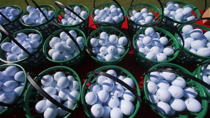 Sep 22, 2016; Atlanta, GA, USA; General view of golf balls in buckets prior to the 2016 Tour Championship at East Lake Golf Club. Mandatory Credit: Butch Dill-USA TODAY Sports