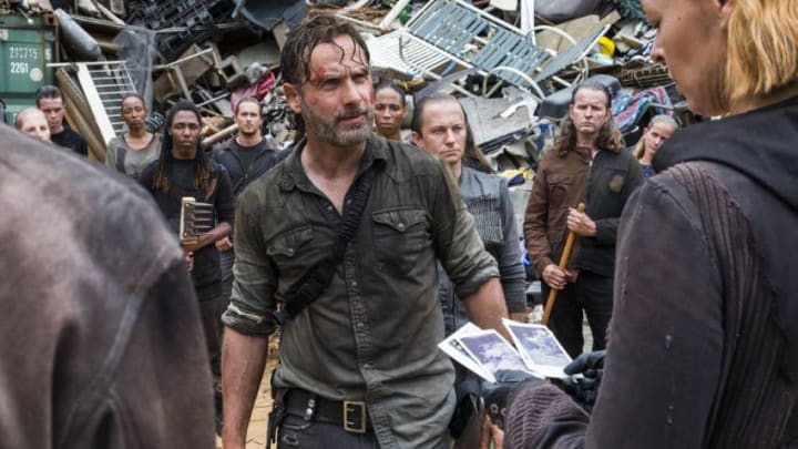 Andrew Lincoln as Rick Grimes, Pollyanna McIntosh as Jadis - The Walking Dead _ Season 8, Episode 6 - Photo Credit: Gene Page/AMC