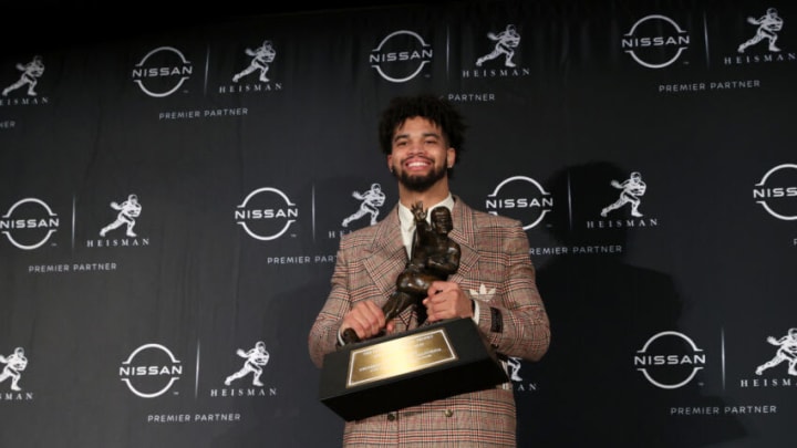 NEW YORK, NEW YORK - DECEMBER 10: Quarterback Caleb Williams of the USC Trojans poses during a press conference after winning the 2022 Heisman Trophy at the New York Marriott Marquis Hotel on December 10, 2022 in New York City. (Photo by Sarah Stier/Getty Images)