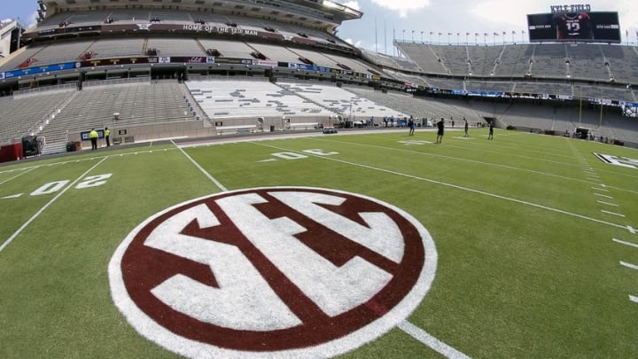 Sep 3, 2016; College Station, TX, USA; The SEC logo on the field prior to a game between the Texas A&M Aggies and the UCLA Bruins at Kyle Field. Texas A&M won in overtime 31-24. Mandatory Credit: Ray Carlin-USA TODAY Sports