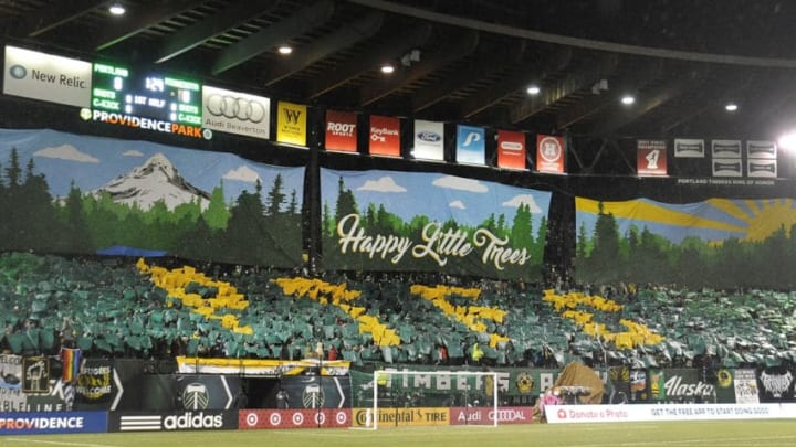 PORTLAND, OR - MARCH 03: Portland Timbers fans hold up a tifo before their match against the Minnesota United at Providence Park on March 3, 2017 in Portland, Oregon. (Photo by Steve Dykes/Getty Images)