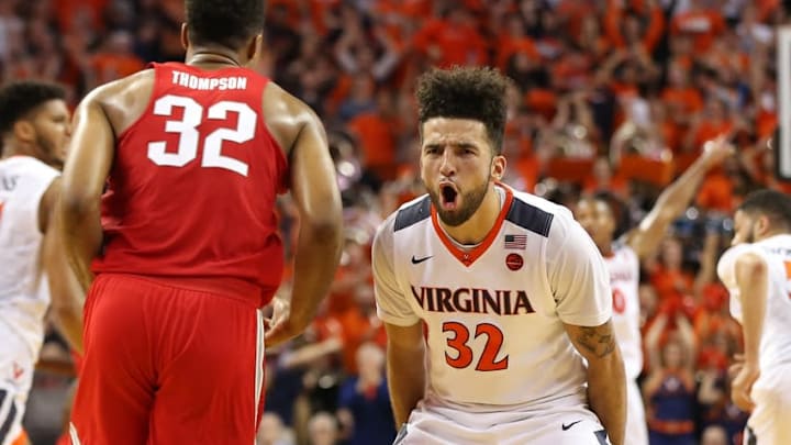 Nov 30, 2016; Charlottesville, VA, USA; Virginia Cavaliers guard London Perrantes (32) reacts after making a three-point field goal against the Ohio State Buckeyes in the second half at John Paul Jones Arena. The Cavaliers won 63-61. Mandatory Credit: Geoff Burke-USA TODAY Sports