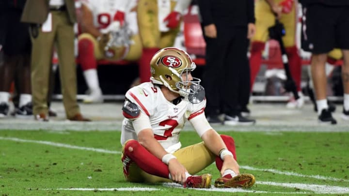 GLENDALE, AZ - OCTOBER 28: Quarterback C.J. Beathard #3 of the San Francisco 49ers sits on the field after throwing an incomplete pass at the end of the fourth quarter against the San Francisco 49ers at State Farm Stadium on October 28, 2018 in Glendale, Arizona. The Cardinals beat the 49ers 18-15. (Photo by Norm Hall/Getty Images)