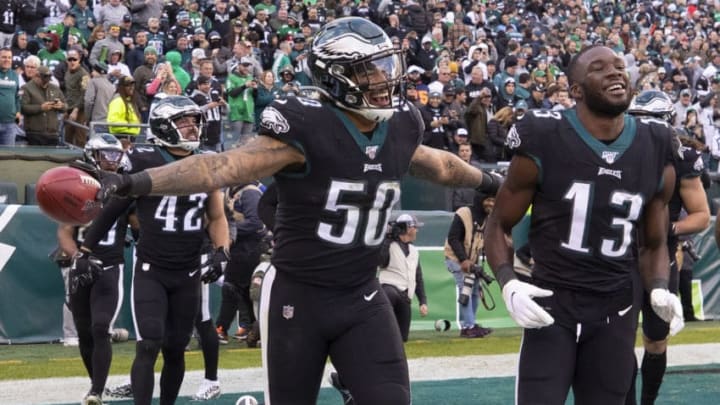 PHILADELPHIA, PA - NOVEMBER 03: Duke Riley #50 and Nelson Agholor #13 of the Philadelphia Eagles react late in the fourth quarter against the Chicago Bears at Lincoln Financial Field on November 3, 2019 in Philadelphia, Pennsylvania. The Eagles defeated the Bears 22-14. (Photo by Mitchell Leff/Getty Images)