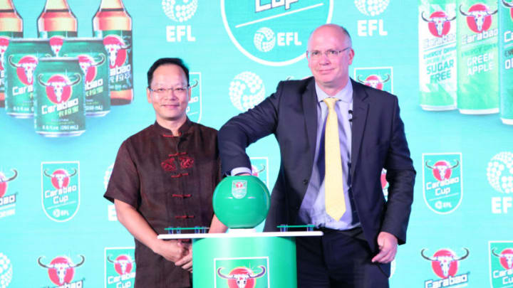 BEIJING, CHINA - AUGUST 24: The EFL CEO Shaun Harvey (R) and Carabo China CEO James Huang attend the Rundown for Carabo Press Conference