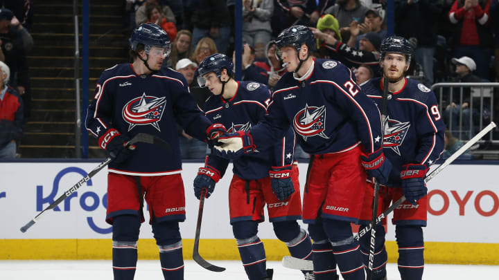 Dec 7, 2022; Columbus, Ohio, USA; Columbus Blue Jackets right wing Patrik Laine (29) celebrates his goal against the Buffalo Sabres during the second period at Nationwide Arena. Mandatory Credit: Russell LaBounty-USA TODAY Sports