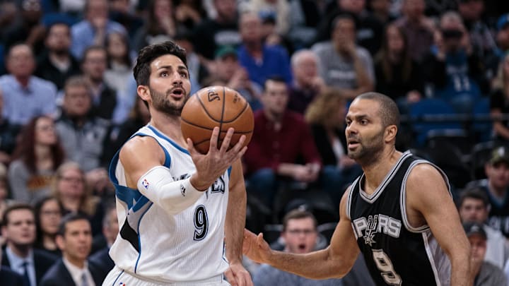 Mar 21, 2017; Minneapolis, MN, USA; Minnesota Timberwolves guard Ricky Rubio (9) shoots in the first quarter against the San Antonio Spurs at Target Center. Mandatory Credit: Brad Rempel-USA TODAY Sports