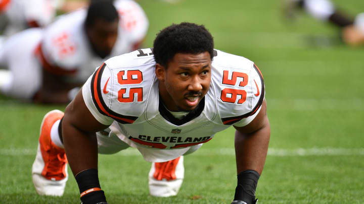 CLEVELAND, OH – OCTOBER 08: Myles Garrett #95 of the Cleveland Browns during warmups before the gam against the New York Jets at FirstEnergy Stadium on October 8, 2017 in Cleveland, Ohio. (Photo by Jason Miller/Getty Images)