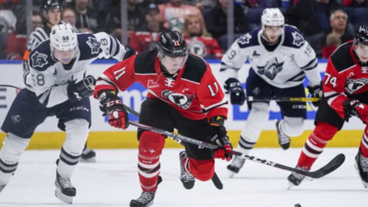 QUEBEC CITY, QC – OCTOBER 18: James Malatesta #11 of the Quebec Remparts skates with the puck against the Rimouski Oceanic during their QMJHL hockey game at the Videotron Center on October 18, 2019 in Quebec City, Quebec, Canada. (Photo by Mathieu Belanger/Getty Images)