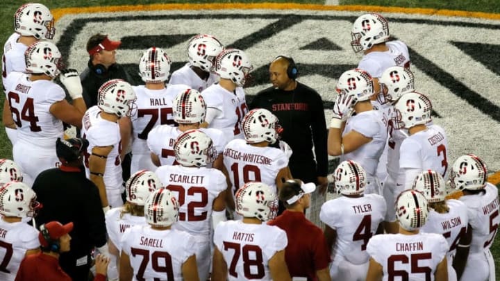 CORVALLIS, OR - OCTOBER 26: Head Coach David Shaw of the Stanford Cardinal talks to his team against the Oregon State Beavers at Reser Stadium on October 26, 2017 in Corvallis, Oregon. (Photo by Jonathan Ferrey/Getty Images)