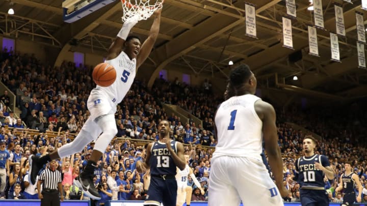 DURHAM, NORTH CAROLINA - JANUARY 26: RJ Barrett #5 of the Duke Blue Devils dunks the ball during their game against the Georgia Tech Yellow Jackets at Cameron Indoor Stadium on January 26, 2019 in Durham, North Carolina. (Photo by Streeter Lecka/Getty Images)