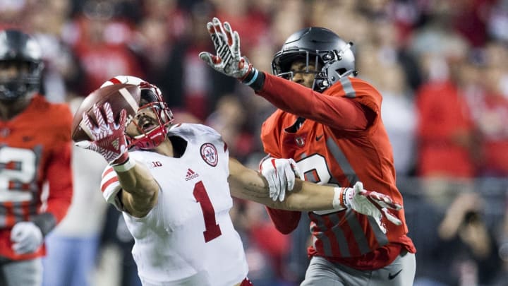 Nov 5, 2016; Columbus, OH, USA; Nebraska Cornhuskers wide receiver Jordan Westerkamp (1) cannot pull in a pass in the first quarter under pressure from Ohio State Buckeyes cornerback Gareon Conley (8) at Ohio Stadium. Mandatory Credit: Greg Bartram-USA TODAY Sports