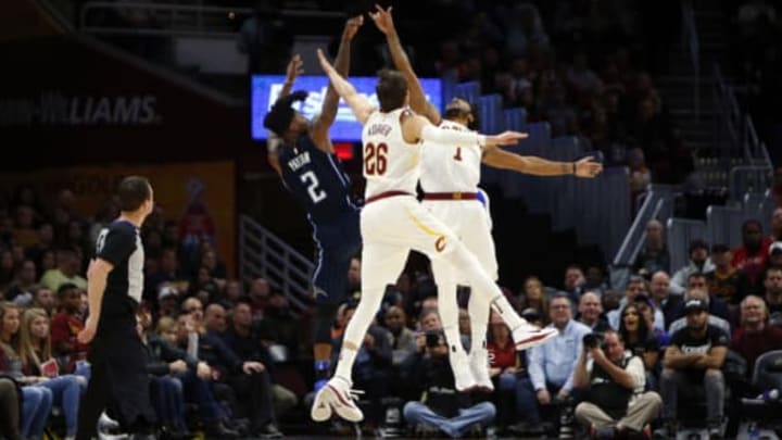 CLEVELAND, OH – JANUARY 18: DerrCLEVELAND, OH – JANUARY 18: Derrick Rose #1 of the Cleveland Cavaliers and Kyle Korver #26 of the Cleveland Cavaliers attempt to block the shot of Elfrid Payton #2 of the Orlando Magic at Quicken Loans Arena on January 18, 2018 in Cleveland, Ohio. NOTE TO USER: User expressly acknowledges and agrees that, by downloading and or using this photograph, User is consenting to the terms and conditions of the Getty Images License Agreement. (Photo by Justin K. Aller/Getty Images)ick Rose