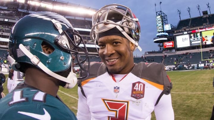 Nov 22, 2015; Philadelphia, PA, USA; Tampa Bay Buccaneers quarterback Jameis Winston (3) talks with Philadelphia Eagles wide receiver Nelson Agholor (17) at the conclusion of the game at Lincoln Financial Field. The Buccaneers won 45-17. Mandatory Credit: Bill Streicher-USA TODAY Sports