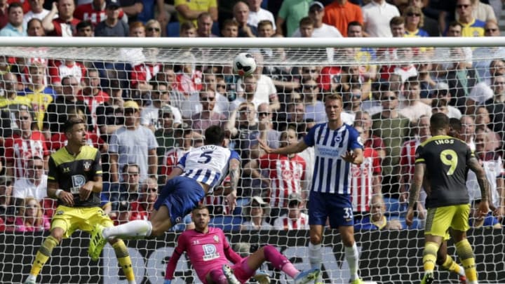 BRIGHTON, ENGLAND – AUGUST 24: Disallowed goal by Lewis Dunk of Brighton and Hove Albion during the Premier League match between Brighton & Hove Albion and Southampton FC at American Express Community Stadium on August 24, 2019 in Brighton, United Kingdom. (Photo by Henry Browne/Getty Images)