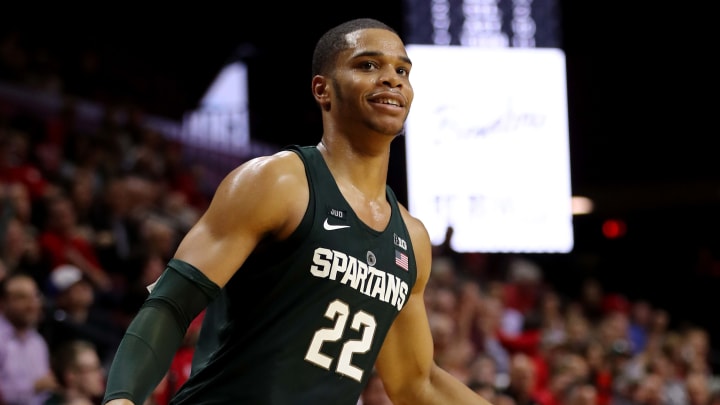 PISCATAWAY, NJ – DECEMBER 05: Miles Bridges #22 of the Michigan State Spartans celebrates his three point shot in the second half against the Rutgers Scarlet Knights on December 5, 2017 at the Rutgers Athletic Center in Piscataway, New Jersey. (Photo by Elsa/Getty Images)
