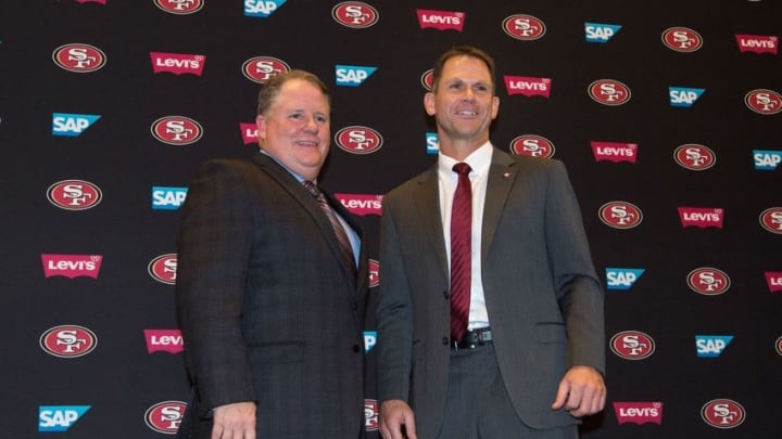 January 20, 2016; Santa Clara, CA, USA; Chip Kelly (left) and San Francisco 49ers general manager Trent Baalke (right) pose for a photo in a press conference after naming Kelly as the new head coach for the San Francisco 49ers at Levi's Stadium Auditorium. Mandatory Credit: Kyle Terada-USA TODAY Sports