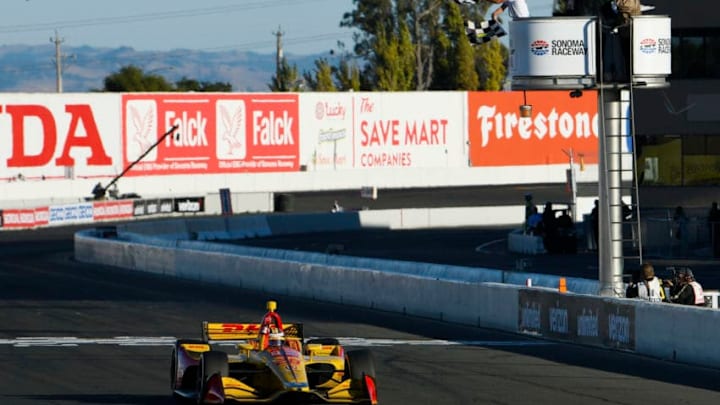 SONOMA, CA - SEPTEMBER 16: Ryan Hunter-Reay driver of the #28 Andretti Autosport Honda crosses the finish line to win the Verizon IndyCar Series Sonoma Grand Prix at Sonoma Raceway on September 16, 2018 in Sonoma, California. (Photo by Robert Laberge/Getty Images)