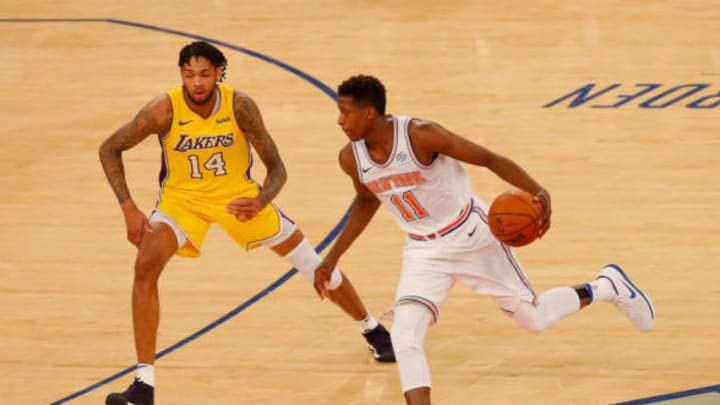 NEW YORK, NY – DECEMBER 12: Frank Ntilikina #11 of the New York Knicks in action against Brandon Ingram #14 of the Los Angeles Lakers at Madison Square Garden on December 12, 2017 in New York City. The Knicks defeated the Lakers 113-109 in overtime. (Photo by Jim McIsaac/Getty Images)