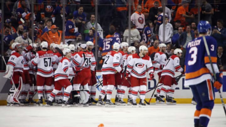 NEW YORK, NEW YORK – APRIL 26: The Carolina Hurricanes celebrate their 1-0 overtime victory over the New York Islanders in Game One of the Eastern Conference Second Round during the 2019 NHL Stanley Cup Playoffs at the Barclays Center on April 26, 2019 in the Brooklyn borough of New York City. (Photo by Bruce Bennett/Getty Images)