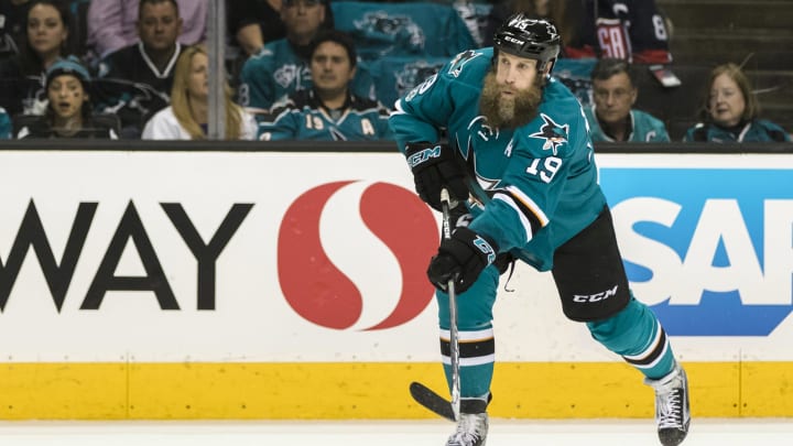 Apr 16, 2017; San Jose, CA, USA; San Jose Sharks center Joe Thornton (19) shoots against the in the first period of game three in the first round of the 2017 Stanley Cup Playoffs at SAP Center at San Jose. Mandatory Credit: John Hefti-USA TODAY Sports