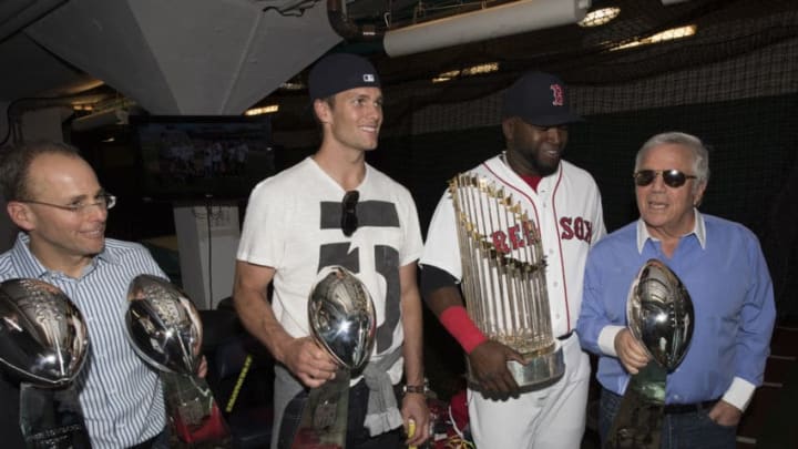David Ortiz of the Boston Red Sox and Tom Brady of the New England Patriots (Photo by Michael Ivins/Boston Red Sox/Getty Images)