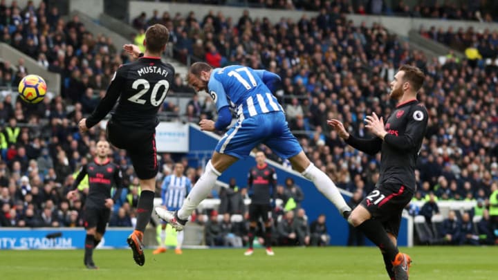 BRIGHTON, ENGLAND - MARCH 04: Glenn Murray of Brighton and Hove Albion scores his sides second goal during the Premier League match between Brighton and Hove Albion and Arsenal at Amex Stadium on March 4, 2018 in Brighton, England. (Photo by Catherine Ivill/Getty Images)