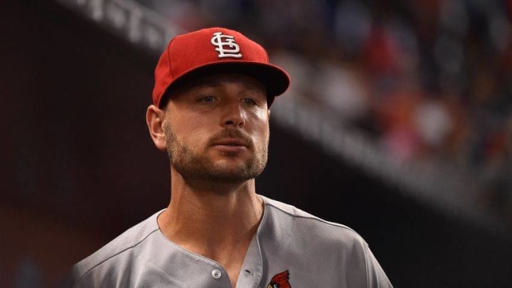 Jul 29, 2016; Miami, FL, USA; St. Louis Cardinals left fielder Matt Holliday (7) walks in the dugout before the game against the Miami Marlins at Marlins Park. Mandatory Credit: Jasen Vinlove-USA TODAY Sports