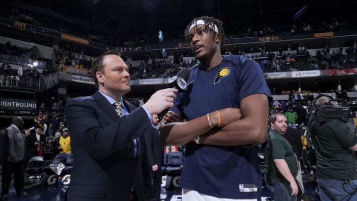 INDIANAPOLIS, IN - JANUARY 15: Myles Turner #33 of the Indiana Pacers speaks with the media after the game against the Phoenix Suns on January 15, 2019 at Bankers Life Fieldhouse in Indianapolis, Indiana. NOTE TO USER: User expressly acknowledges and agrees that, by downloading and or using this Photograph, user is consenting to the terms and conditions of the Getty Images License Agreement. Mandatory Copyright Notice: Copyright 2019 NBAE (Photo by Ron Hoskins/NBAE via Getty Images)