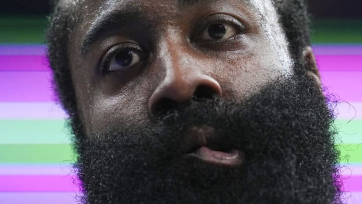 PHILADELPHIA, PA - JANUARY 10: James Harden #1 of the Philadelphia 76ers reacts against the Detroit Pistons at the Wells Fargo Center on January 10, 2023 in Philadelphia, Pennsylvania. NOTE TO USER: User expressly acknowledges and agrees that, by downloading and or using this photograph, User is consenting to the terms and conditions of the Getty Images License Agreement. (Photo by Mitchell Leff/Getty Images)