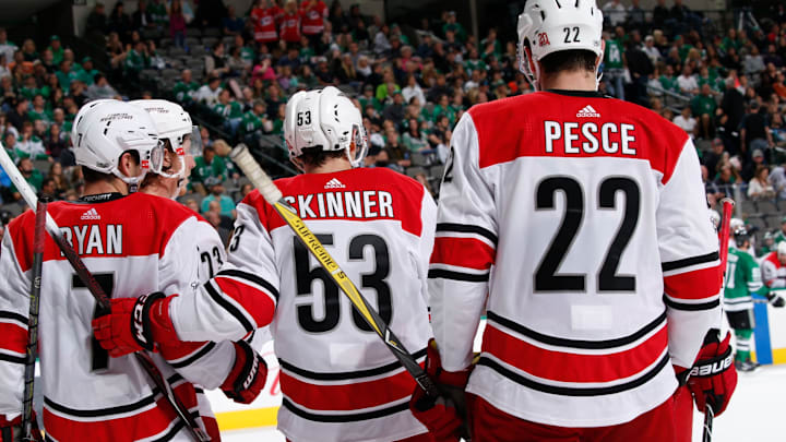 DALLAS, TX – OCTOBER 21: Derek Ryan #7, Jeff Skinner #53, Brett Pesce #22 and the Carolina Hurricanes celebrate a goal against the Dallas Stars at the American Airlines Center on October 21, 2017 in Dallas, Texas. (Photo by Glenn James/NHLI via Getty Images)