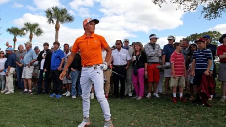 Rickie Fowler looks at his shot on the 10th hole during the final round of the Honda Classic at PGA National. Mandatory Credit: Peter Casey-USA TODAY Sports