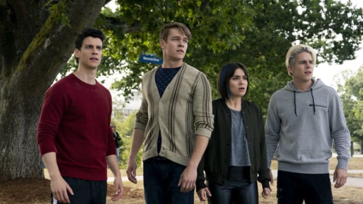 THE ORDER (L to R) ADAM DIMARCO as RANDALL CARPIO, THOMAS ELMS as HAMISH DUKE, DEVERY JACOBS as LILITH BATHORY, and JAKE MANLEY as JACK MORTON in episode 201 of THE ORDER Cr. DANIEL POWER/NETFLIX © 2020