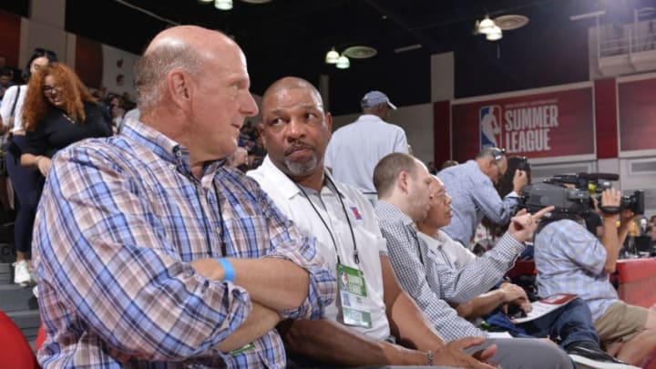 LAS VEGAS, NV - JULY 10: Doc Rivers and Steve Ballmer of the Los Angeles Clippers are seen at the game between the Los Angeles Clippers and the Milwaukee Bucks during the 2017 Las Vegas Summer League on July 10, 2017 at the Cox Pavilion in Las Vegas, Nevada. NOTE TO USER: User expressly acknowledges and agrees that, by downloading and or using this Photograph, user is consenting to the terms and conditions of the Getty Images License Agreement. Mandatory Copyright Notice: Copyright 2017 NBAE (Photo by David Dow/NBAE via Getty Images)