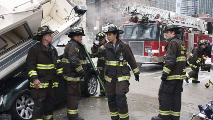CHICAGO FIRE -- "Red Waterfall" Episode 1122 -- Pictured: (l-r) David Eigenberg as Christopher Herrmann, Christian Stolte as Randy “Mouch” McHolland, Miranda Rae Mayo as Stella Kidd, Jake Lockett as Carver -- (Photo by: Adrian S Burrows Sr/NBC)