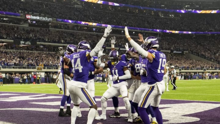 MINNEAPOLIS, MN - OCTOBER 28: Members of the Minnesota Vikings celebrate after Stefon Diggs #14 scored a touchdown in the first quarter of the game against the New Orleans Saints at U.S. Bank Stadium on October 28, 2018 in Minneapolis, Minnesota. (Photo by Adam Bettcher/Getty Images)