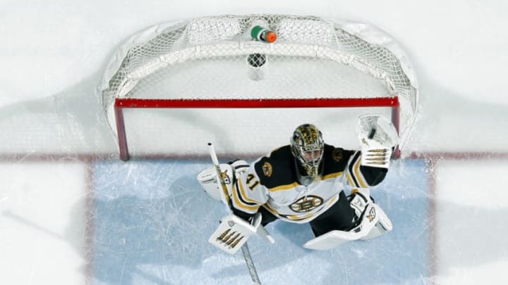 ST. PAUL, MN - APRIL 04: Jaroslav Halak #41 of the Boston Bruins catches the puck during a game with the Minnesota Wild at Xcel Energy Center on April 4, 2019 in St. Paul, Minnesota.(Photo by Bruce Kluckhohn/NHLI via Getty Images)