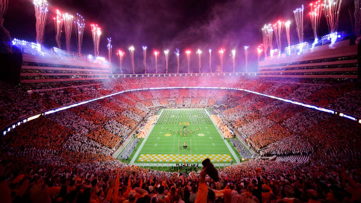 Fireworks are set off before an SEC football game between Tennessee and Ole Miss in a checkered Neyland Stadium in Knoxville, Tenn. on Saturday, Oct. 16, 2021.Kns Tennessee Ole Miss Football