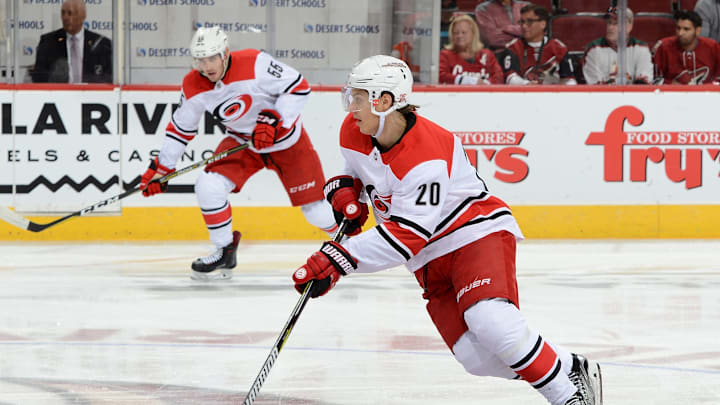 GLENDALE, AZ – NOVEMBER 04: Sebastian Aho #20 of the Carolina Hurricanes skates with the puck against the Arizona Coyotes at Gila River Arena on November 4, 2017 in Glendale, Arizona. (Photo by Norm Hall/NHLI via Getty Images)