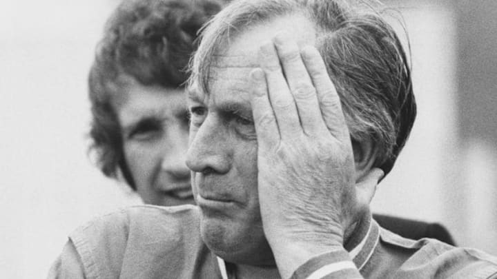 England manager Joe Mercer (1914 - 1990, centre) at his first training session with the national team at Roehampton, 10th May 1974. (Photo by Leonard Burt/Central Press/Hulton Archive/Getty Images)