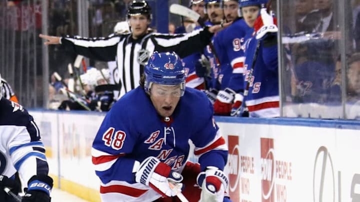 NEW YORK, NEW YORK - OCTOBER 03: Brendan Lemieux #48 of the New York Rangers skates against the Winnipeg Jets at Madison Square Garden on October 03, 2019 in New York City. The Rangers defeated the Jets 6-4. (Photo by Bruce Bennett/Getty Images)