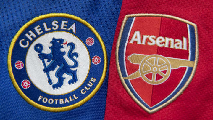 MANCHESTER, ENGLAND - JULY 24: The Arsenal and Chelsea club crests on the first team home shirts on July 24, 2020 in Manchester, United Kingdom. (Photo by Visionhaus)