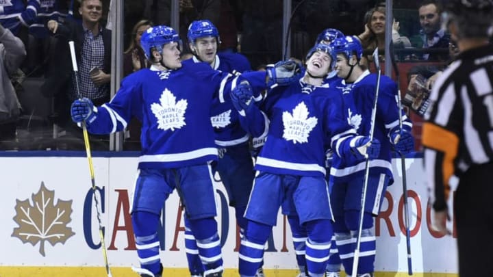 TORONTO, ON - NOVEMBER 17: Toronto Maple Leafs Right Wing Mitch Marner (16) celebrates a goal with team mates during the NHL regular season game between the Florida Panthers and Toronto Maple Leafs on November 17, 2016 at Air Canada Centre in Toronto, ON. (Photo by Gerry Angus/Icon Sportswire via Getty Images)