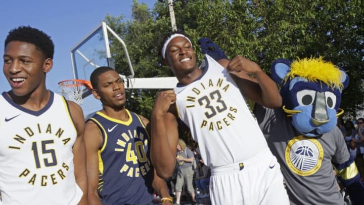 INDIANAPOLIS, IN - JULY 28: Ike Anigbogu #15, Glenn Robinson III #40 and Myles Turner #33 of theIndiana Pacers participate in an outdoor fanfest on July 28, 2017 in Indianapolis, Indiana. NOTE TO USER: User expressly acknowledges and agrees that, by downloading and or using this Photograph, user is consenting to the terms and condition of the Getty Images License Agreement. Mandatory Copyright Notice: 2017 NBAE (Photo by Ron Hoskins/NBAE via Getty Images)