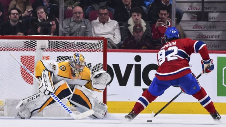 MONTREAL, QC - FEBRUARY 10: Jonathan Drouin #92 of the Montreal Canadiens skates towards goaltender Pekka Rinne #35 of the Nashville Predators in a shootout during the NHL game at the Bell Centre on February 10, 2018 in Montreal, Quebec, Canada. The Nashville Predators defeated the Montreal Canadiens 3-2 in a shootout. (Photo by Minas Panagiotakis/Getty Images)