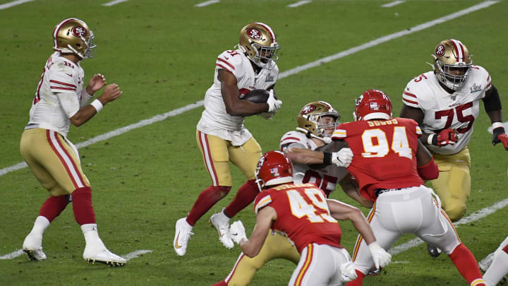 MIAMI, FLORIDA – FEBRUARY 02: Raheem Mostert #31 of the San Francisco 49ers carries the ball against the Kansas City Chiefs in Super Bowl LIV at Hard Rock Stadium on February 02, 2020, in Miami, Florida. The Chiefs won the game 31-20. (Photo by Focus on Sport/Getty Images)