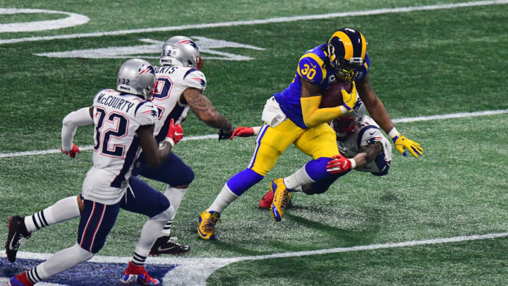 ATLANTA, GEORGIA – FEBRUARY 03: Todd Gurley #30 of the Los Angeles Rams carries the ball against New England Patriots in the second half during Super Bowl LIII at Mercedes-Benz Stadium on February 03, 2019 in Atlanta, Georgia. (Photo by Scott Cunningham/Getty Images)