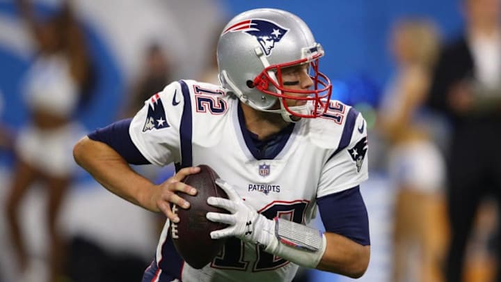 DETROIT, MI - SEPTEMBER 23: Tom Brady #12 of the New England Patriots throws a pass while playing the Detroit Lions at Ford Field on September 23, 2018 in Detroit, Michigan. (Photo by Gregory Shamus/Getty Images)