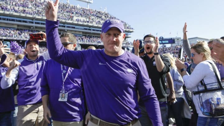Kansas State head coach Chris Klieman celebrates with fans after a 48-41 win against Oklahoma at Bill Snyder Family Stadium in Manhattan, Kan., on Saturday, Oct. 26, 2019. (Travis Heying/Wichita Eagle/Tribune News Service via Getty Images)